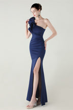 Ruffled Floral One Shoulder Satin Party Dress
