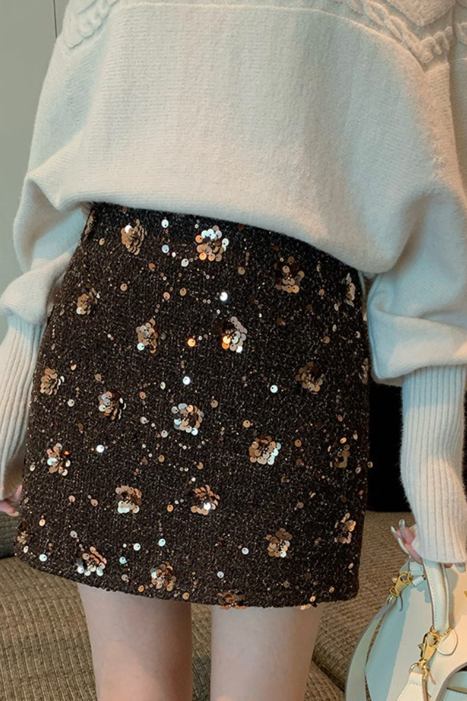 Embroidered Sequin High Waist ALine Skirt