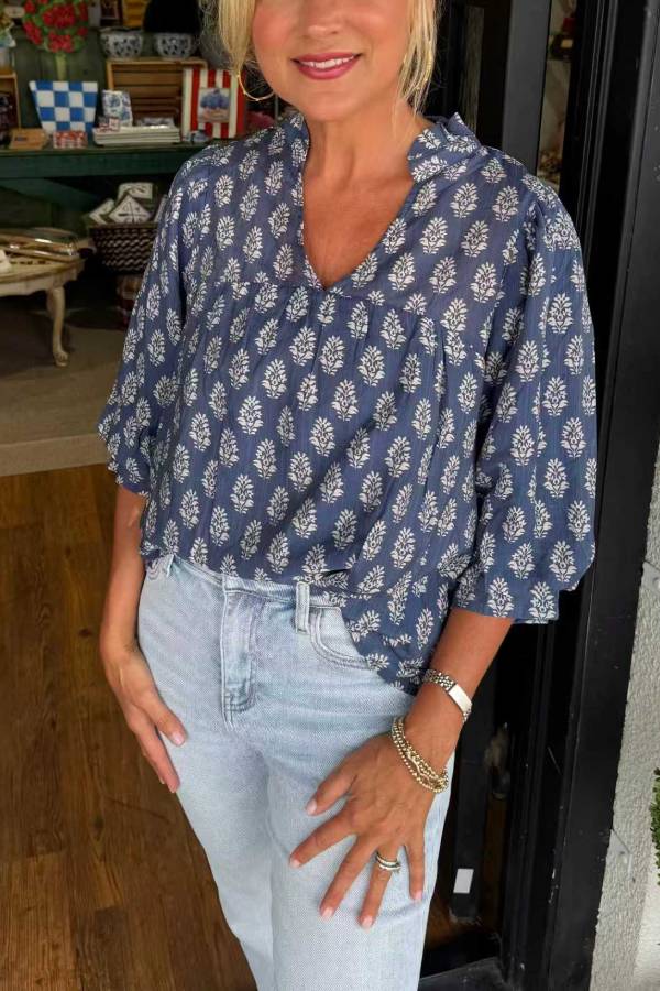 Vintage Floral Print V-Neck Puff Sleeve Casual Blouse