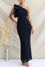 Fashionable Mesh Sleeveless One-shoulder Waist-revealing Maxi Dress