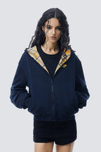 Plaid Color Block Zip Loose Hoodie