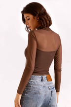 Solid Mock Neck Mesh Paneled Sexy Crop Top