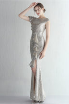 Glitter High Neck Mermaid Slit Formal Dress