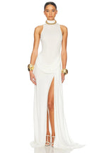 Turtleneck Off Shoulder Sleeveless Pleated Maxi Dress