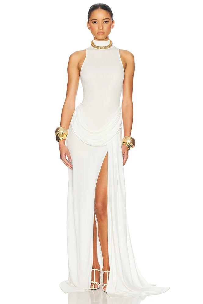 Turtleneck Off Shoulder Sleeveless Pleated Maxi Dress
