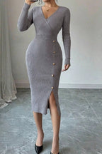 Knitted VNeck LongSleeve Buttoned Sweater Dress