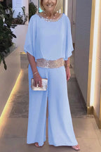 Stylish Sequin Patchwork Dolman Sleeve Top and Elastic Waist Wide Leg Pants Set