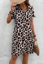 Collared V-Neck Leopard Print Short-Sleeve Straight Dress