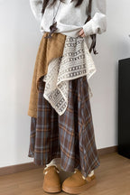 Asymmetric Lace Panel Plaid Skirt