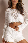 White Hollow Crochet Flare Sleeve Crop Cover Up Top