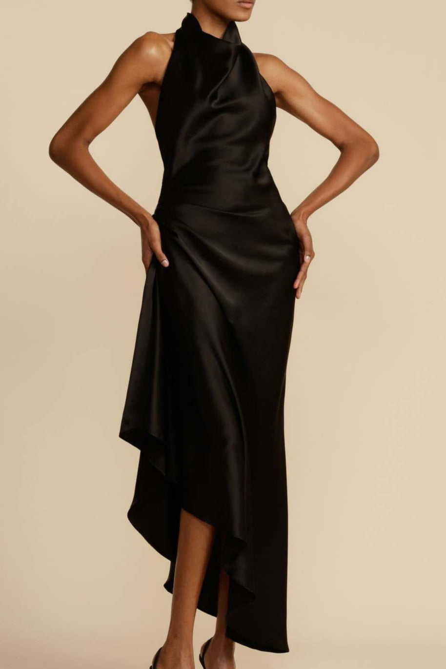 Elegant Solid Long Sleeve VNeck Satin Lurex Formal Dress