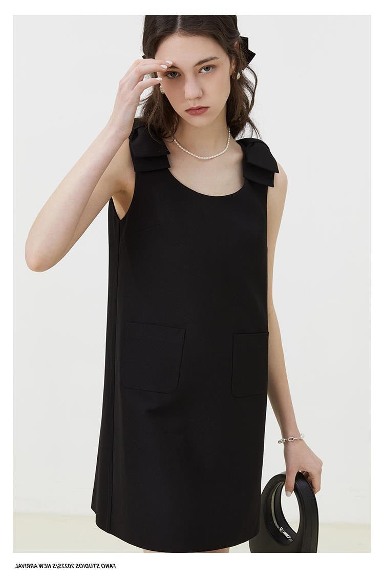 Black Sleeveless Bow Detail A-Line Mini Dress