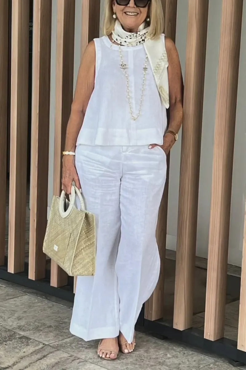 Cotton and Linen Sleeveless Top and Wide-Leg Pants Two-Piece Set