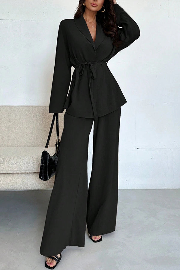 Solid Color Collared Long-sleeved Tie-waist Loose Top and Elastic Waist Casual Wide-leg Pants Set