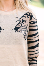 Oatmeal Tiger Printed Long Sleeve Sweater