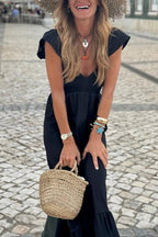 Black V Neck Flutter Sleeve Smocked Bodice High Waist Ruffle Maxi Dress