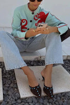 Coastal Fashion Knit Octopus Graphic Contrast Piping Button Up Loose Cardigan