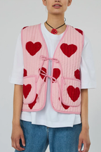 Red Heart Print Lace-up Vest