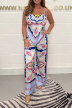 Fashion print suspenders open back tie top + straight pants set