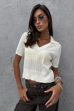 Minimalist Solid V Neck Knit Crop T-shirt