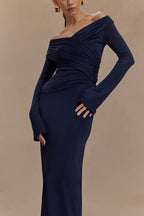 V Neck Long Sleeve Ruched High Waist Maxi Dress