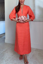 Verrah Linen Blend Key-hole Detail Neck Puff Half Sleeve Pocket Midi Dress