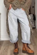 Striped High-Waisted Rolled-Hem Loose Straight-Leg Cropped Pants