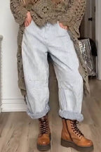 Striped High-Waisted Rolled-Hem Loose Straight-Leg Cropped Pants