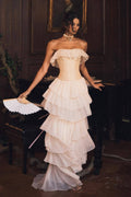 Two Piece Palace Style Strapless Tie Waist Belt Tiered Prom Dress