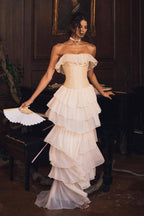 Two Piece Palace Style Strapless Tie Waist Belt Tiered Prom Dress
