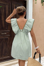 Striped V Neck Ruffle Flutter Sleeve Mini Dress