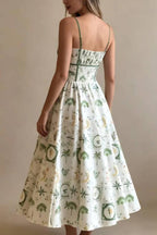 Tropical Plant Print Pleated Strap Waisted A-Line Midi Dress