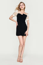 Black Draped Contrast Mesh Mini Dress