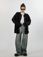 Ribbed Trim Oversized Button Zip Knit Cardigan