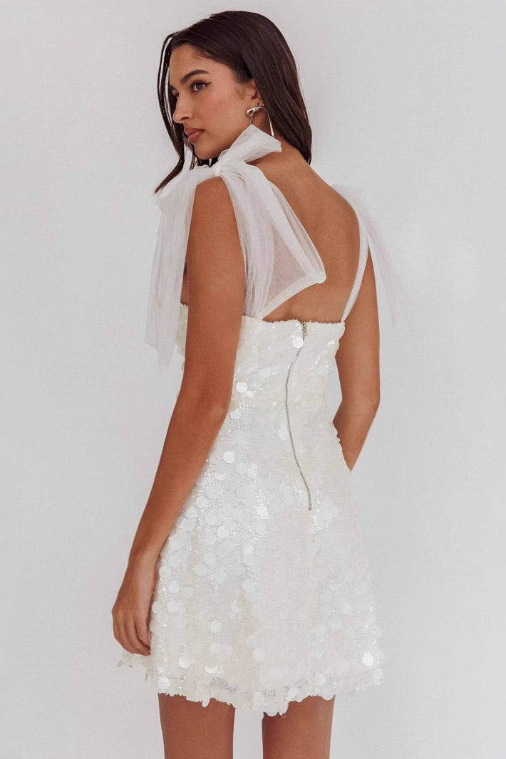Sexy Low Cut Ribbon Slim Pink Sequin Dress