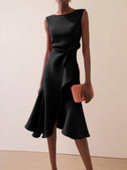 Red Sleeveless Midi Elegant A-line Dress with Waist Twist for Day-to-Night