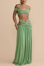 Martina Stretch Mesh Gold Metal Detail Gathered Sweetheart Crop Halter Vacation Tank