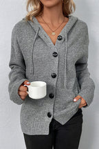 Solid Color Hooded Button Drawstring Knit Cardigan