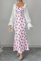 Chiffon Knit Patchwork V Neck Bodycon Floral Dress
