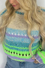 Rainbow Mood Multicolor Round Neck Hollow Long Sleeve Knitted Sweater