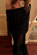 Solid Mesh Sheer Off Shoulder Ruched Elegant Maxi Dress
