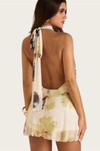 Sexy Floral Halter Backless Tie Mini Dress