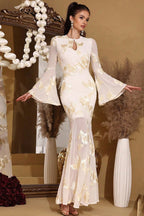 Elegant Embroidered Mesh Trumpet Sleeve Prom Dress