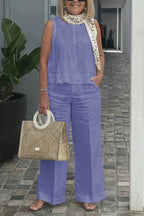 Cotton and Linen Sleeveless Top and Wide-Leg Pants Two-Piece Set