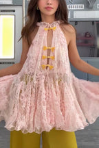 Cheongsam Style Lace Stand Neck Knots Button Ruffle Flare Hem Top