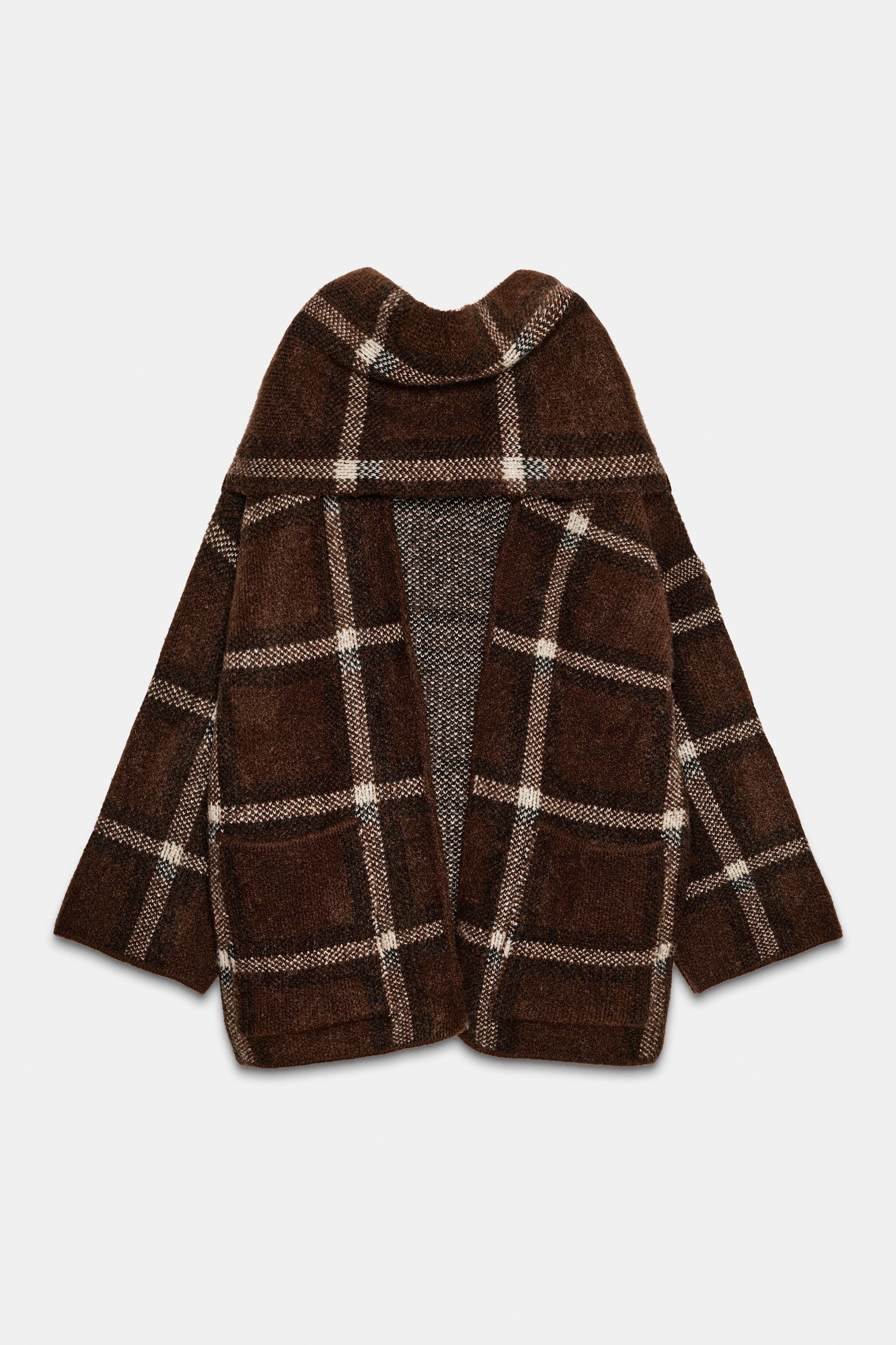 SHORT CHECK KNIT COAT WITH SCARF DETAIL