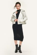 Beige Vegan Leather Pocket Detail Biker Jacket