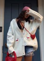 Oversized Dachshund Embroidered Cardigan – Casual Knit Sweater