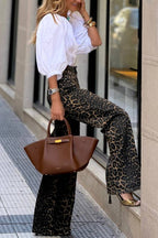 White V-neck puff-sleeved loose-fitting shirt