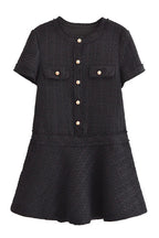 Rebekah Elevated 1960s London Girl Mini Dress in Textured Tweed with Gold Buttons and Short Sleeves and Pockets Boutique Collection